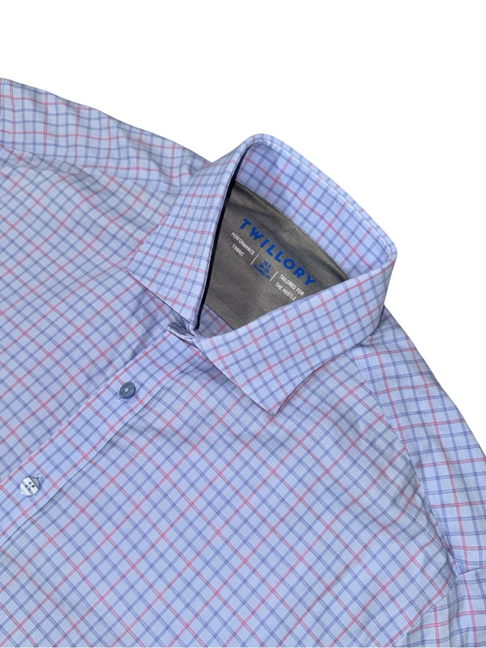 Twillory mens 16.5 34-35 tailored fit blue pink check performance dress shirt